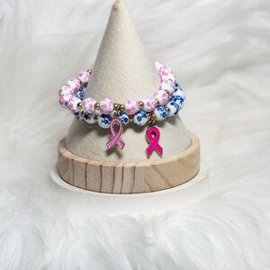 Ceramic Floral Beaded Bracelet w/ Breast Cancer charm set of Blue & Pink